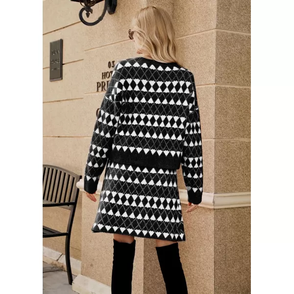 chouyatou Womens 2 Piece Outfits VNeck Cardigan Sweater Skirt Sets Argyle Two Piece Fall OutfitsBlack