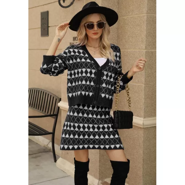 chouyatou Womens 2 Piece Outfits VNeck Cardigan Sweater Skirt Sets Argyle Two Piece Fall OutfitsBlack