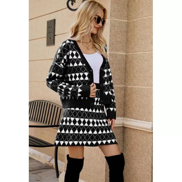 chouyatou Womens 2 Piece Outfits VNeck Cardigan Sweater Skirt Sets Argyle Two Piece Fall OutfitsBlack