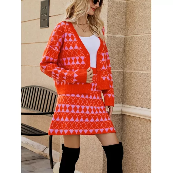 chouyatou Womens 2 Piece Outfits VNeck Cardigan Sweater Skirt Sets Argyle Two Piece Fall OutfitsRed
