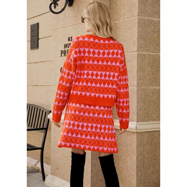 chouyatou Womens 2 Piece Outfits VNeck Cardigan Sweater Skirt Sets Argyle Two Piece Fall OutfitsRed