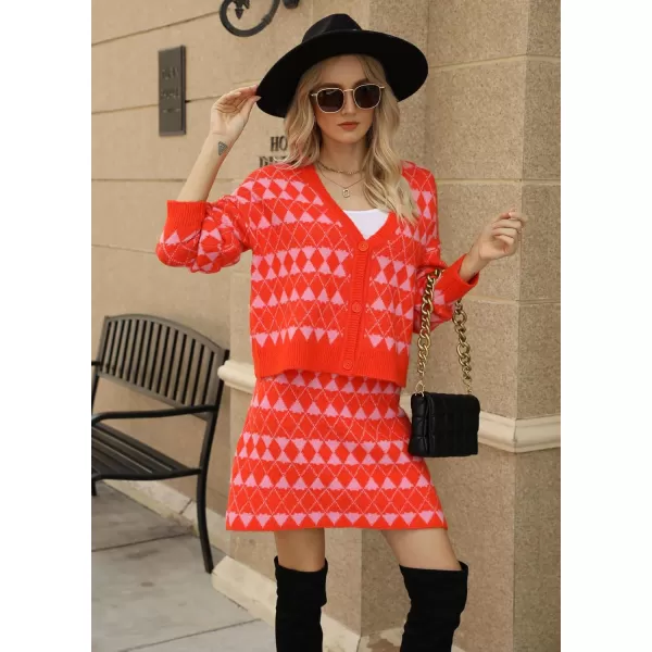 chouyatou Womens 2 Piece Outfits VNeck Cardigan Sweater Skirt Sets Argyle Two Piece Fall OutfitsRed