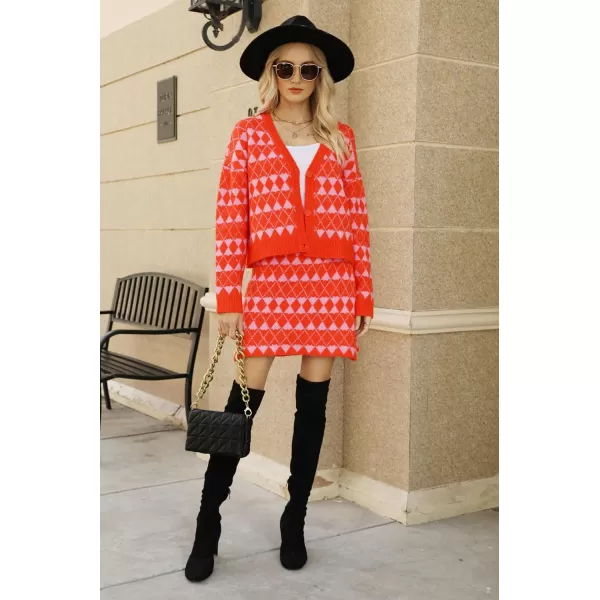 chouyatou Womens 2 Piece Outfits VNeck Cardigan Sweater Skirt Sets Argyle Two Piece Fall OutfitsRed
