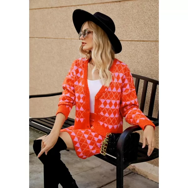 chouyatou Womens 2 Piece Outfits VNeck Cardigan Sweater Skirt Sets Argyle Two Piece Fall OutfitsRed