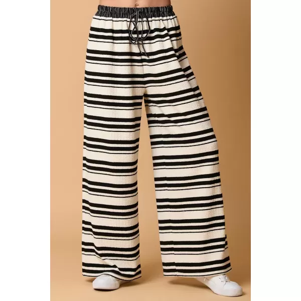 chouyatou Womens 2 Piece Sets Loose Fit Striped Sweater and Wide Leg Pant Two Piece Outfits LoungewearBlack