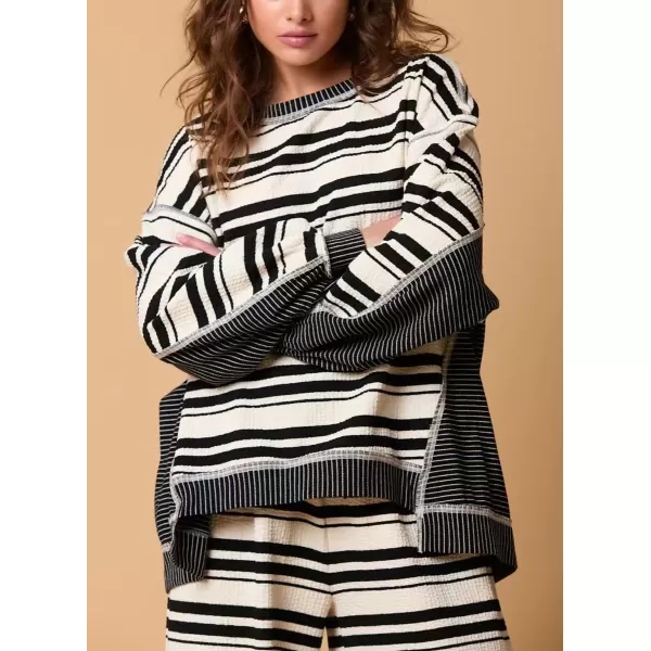 chouyatou Womens 2 Piece Sets Loose Fit Striped Sweater and Wide Leg Pant Two Piece Outfits LoungewearBlack