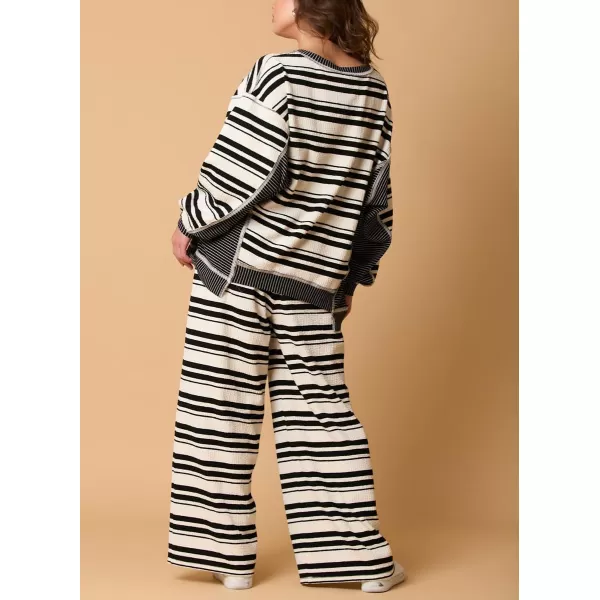 chouyatou Womens 2 Piece Sets Loose Fit Striped Sweater and Wide Leg Pant Two Piece Outfits LoungewearBlack