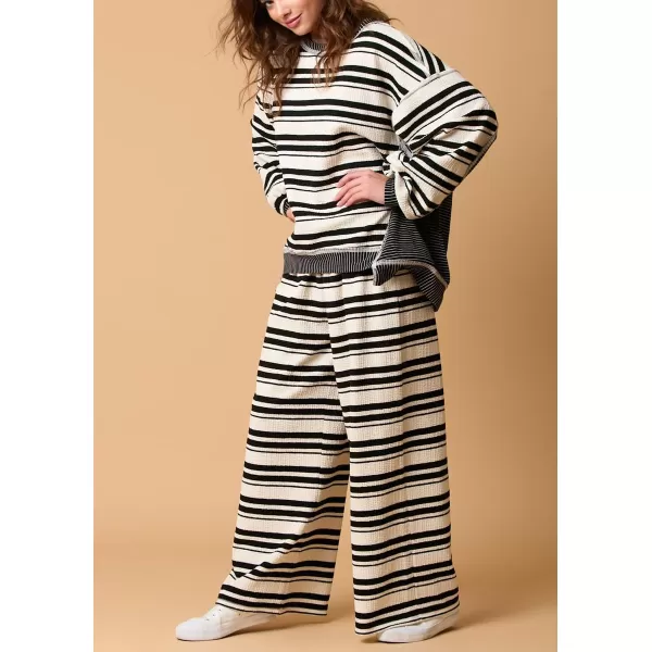 chouyatou Womens 2 Piece Sets Loose Fit Striped Sweater and Wide Leg Pant Two Piece Outfits LoungewearBlack