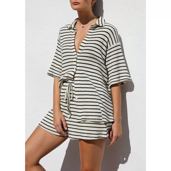 chouyatou Womens 2 Piece Sets Waffle Knitted Outfits Striped Button Down Shirt Shorts Matching Sets LoungewearBlack