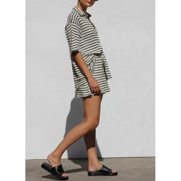 chouyatou Womens 2 Piece Sets Waffle Knitted Outfits Striped Button Down Shirt Shorts Matching Sets LoungewearBlack