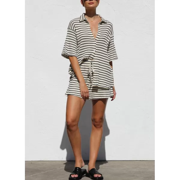 chouyatou Womens 2 Piece Sets Waffle Knitted Outfits Striped Button Down Shirt Shorts Matching Sets LoungewearBlack