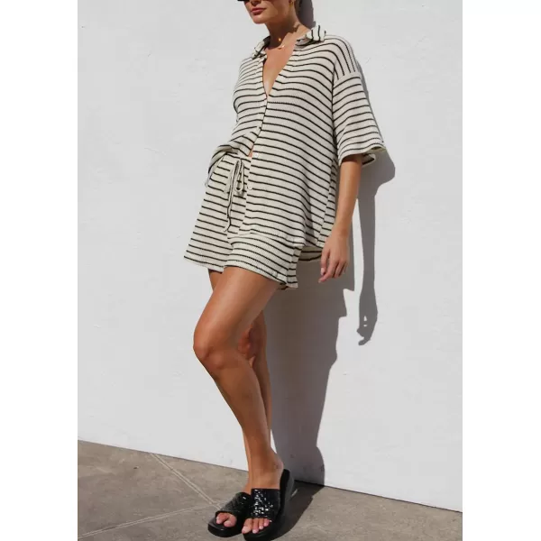 chouyatou Womens 2 Piece Sets Waffle Knitted Outfits Striped Button Down Shirt Shorts Matching Sets LoungewearBlack