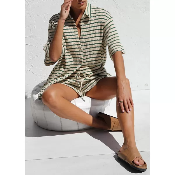 chouyatou Womens 2 Piece Sets Waffle Knitted Outfits Striped Button Down Shirt Shorts Matching Sets LoungewearGreen