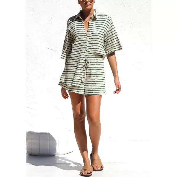 chouyatou Womens 2 Piece Sets Waffle Knitted Outfits Striped Button Down Shirt Shorts Matching Sets LoungewearGreen