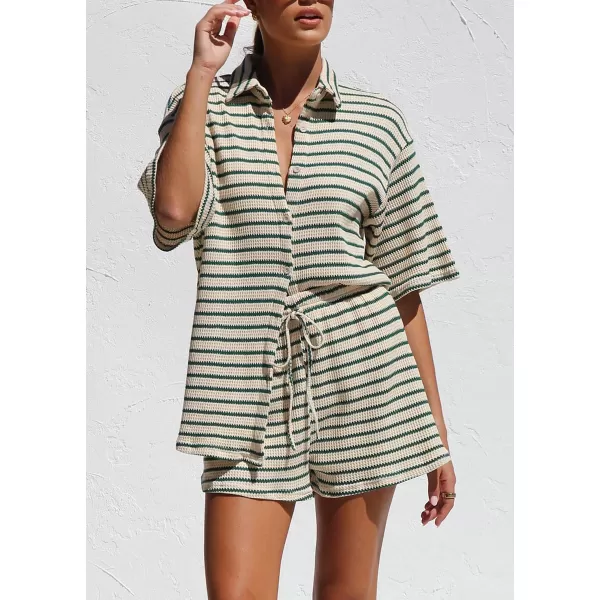 chouyatou Womens 2 Piece Sets Waffle Knitted Outfits Striped Button Down Shirt Shorts Matching Sets LoungewearGreen
