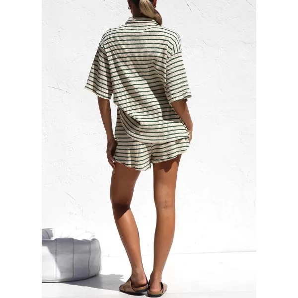 chouyatou Womens 2 Piece Sets Waffle Knitted Outfits Striped Button Down Shirt Shorts Matching Sets LoungewearGreen