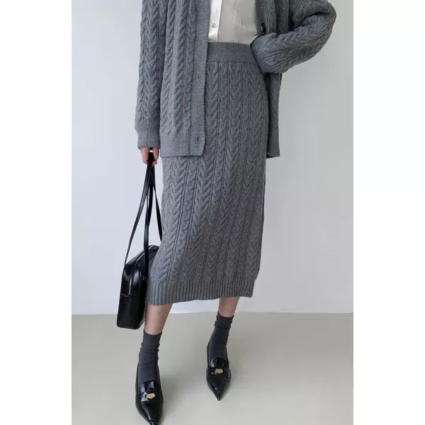 chouyatou Womens 2 Piece Sweater Skirt Set Outfits Cable Knit Button Cardigan Pencil Skirt SetsGrey