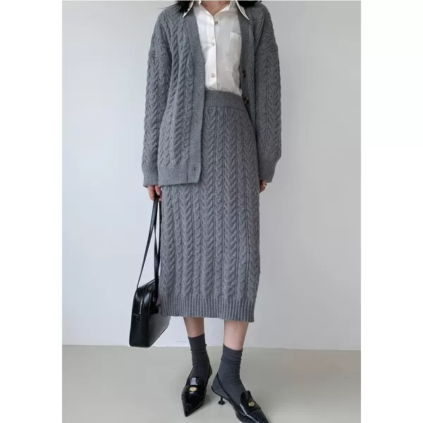 chouyatou Womens 2 Piece Sweater Skirt Set Outfits Cable Knit Button Cardigan Pencil Skirt SetsGrey