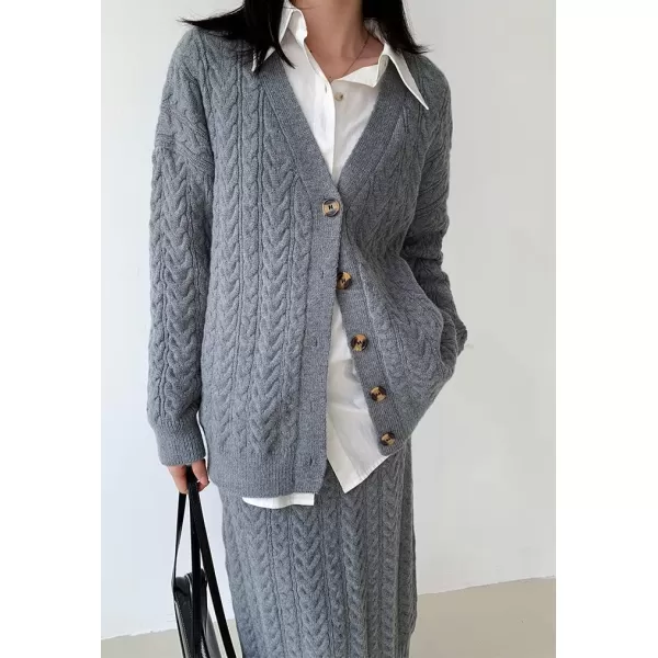 chouyatou Womens 2 Piece Sweater Skirt Set Outfits Cable Knit Button Cardigan Pencil Skirt SetsGrey