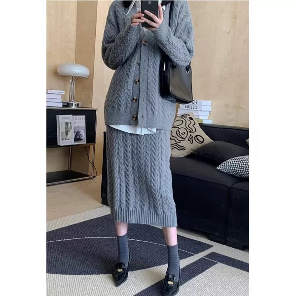 chouyatou Womens 2 Piece Sweater Skirt Set Outfits Cable Knit Button Cardigan Pencil Skirt SetsGrey