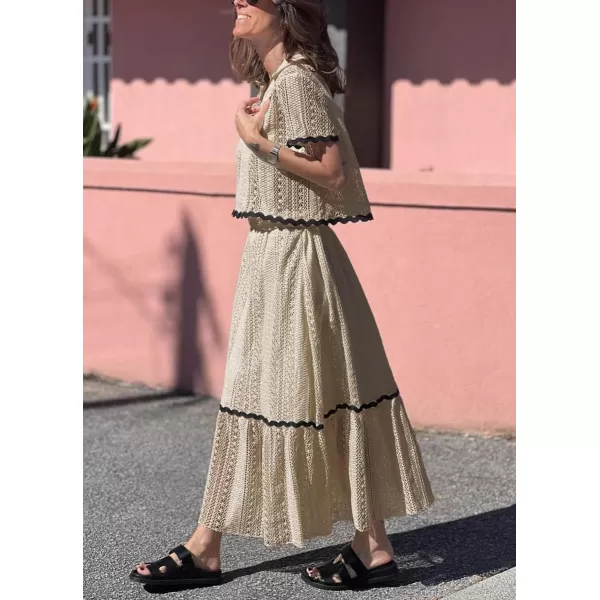 chouyatou Womens Crochet Knit 2 Piece Outfits Eyelet VNeck Collared Pullover Shirt ALine Skirt Sets LoungewearApricot
