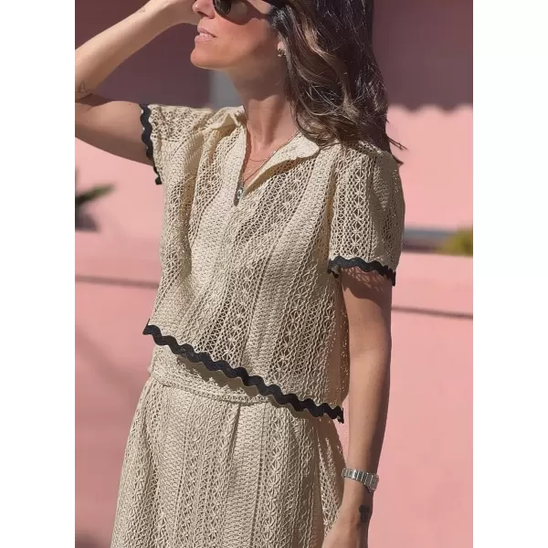 chouyatou Womens Crochet Knit 2 Piece Outfits Eyelet VNeck Collared Pullover Shirt ALine Skirt Sets LoungewearApricot