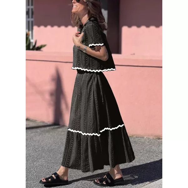chouyatou Womens Crochet Knit 2 Piece Outfits Eyelet VNeck Collared Pullover Shirt ALine Skirt Sets LoungewearBlack