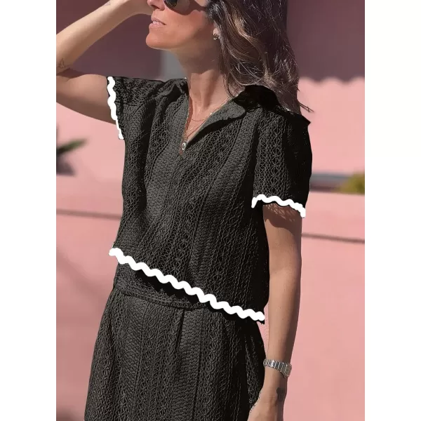 chouyatou Womens Crochet Knit 2 Piece Outfits Eyelet VNeck Collared Pullover Shirt ALine Skirt Sets LoungewearBlack