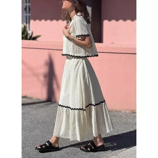 chouyatou Womens Crochet Knit 2 Piece Outfits Eyelet VNeck Collared Pullover Shirt ALine Skirt Sets LoungewearOffwhite