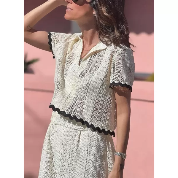 chouyatou Womens Crochet Knit 2 Piece Outfits Eyelet VNeck Collared Pullover Shirt ALine Skirt Sets LoungewearOffwhite