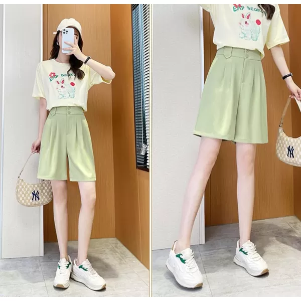 chouyatou Womens Elastic High Waisted Wide Leg Dressy Shorts Business Casual Work Palazzo Bermuda ShortsLight Green