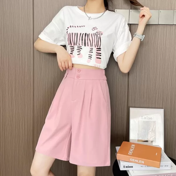 chouyatou Womens Elastic High Waisted Wide Leg Dressy Shorts Business Casual Work Palazzo Bermuda ShortsPink