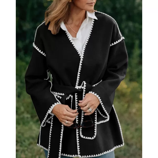 chouyatou Womens Fall Belted Embroidered Wool Jacket Business Casual Oversized Winter Wool CoatBlack White