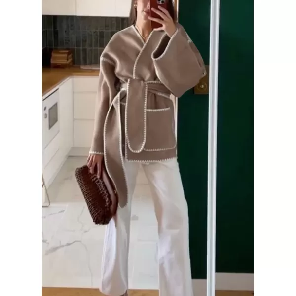chouyatou Womens Fall Belted Embroidered Wool Jacket Business Casual Oversized Winter Wool CoatBrown