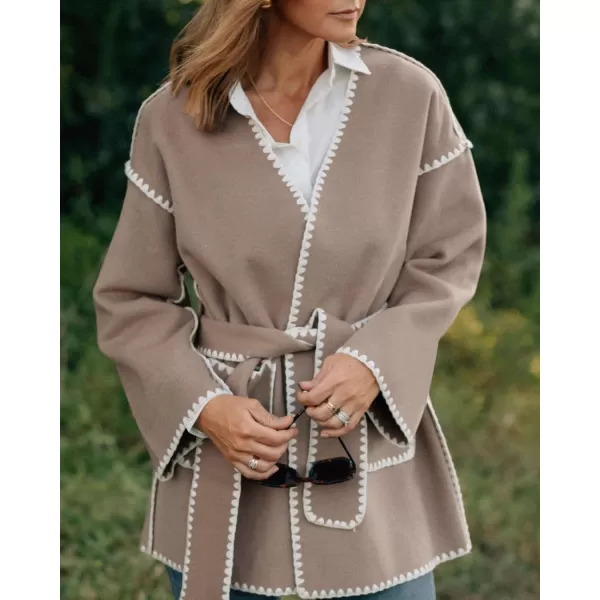 chouyatou Womens Fall Belted Embroidered Wool Jacket Business Casual Oversized Winter Wool CoatBrown