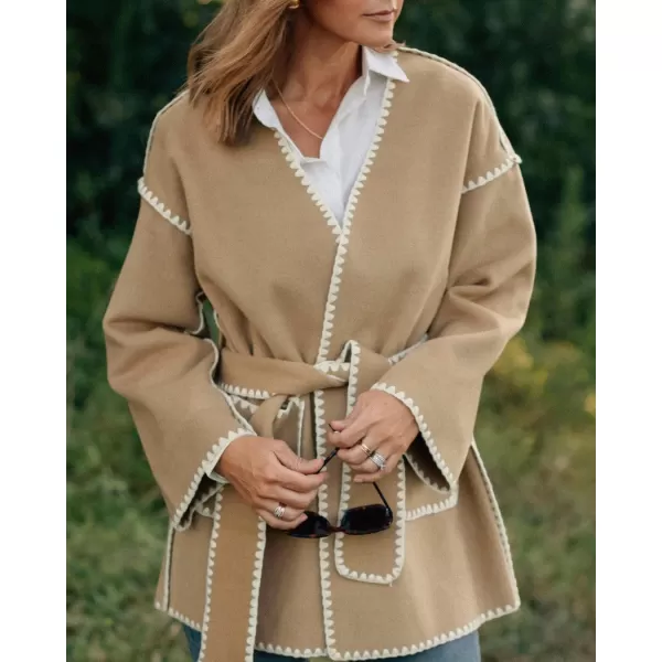 chouyatou Womens Fall Belted Embroidered Wool Jacket Business Casual Oversized Winter Wool CoatCamel