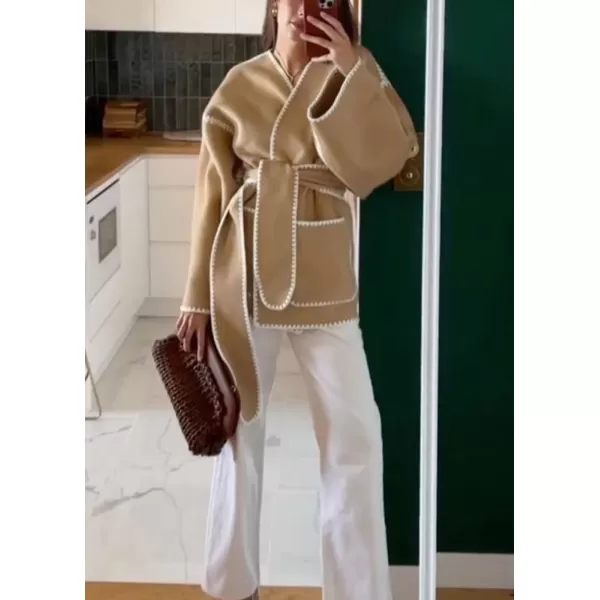 chouyatou Womens Fall Belted Embroidered Wool Jacket Business Casual Oversized Winter Wool CoatCamel