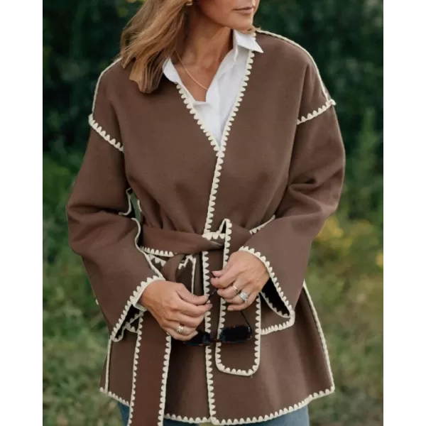 chouyatou Womens Fall Belted Embroidered Wool Jacket Business Casual Oversized Winter Wool CoatDark Coffee