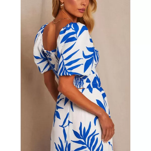 chouyatou Womens Summer Beach Coconut Palm Print 2 Piece Outfits Cropped Tops and High Waist Flared Skirt SetsBlue