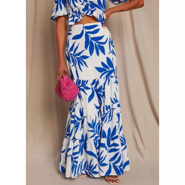 chouyatou Womens Summer Beach Coconut Palm Print 2 Piece Outfits Cropped Tops and High Waist Flared Skirt SetsBlue