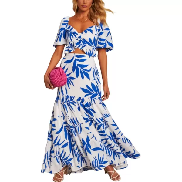 chouyatou Womens Summer Beach Coconut Palm Print 2 Piece Outfits Cropped Tops and High Waist Flared Skirt SetsBlue