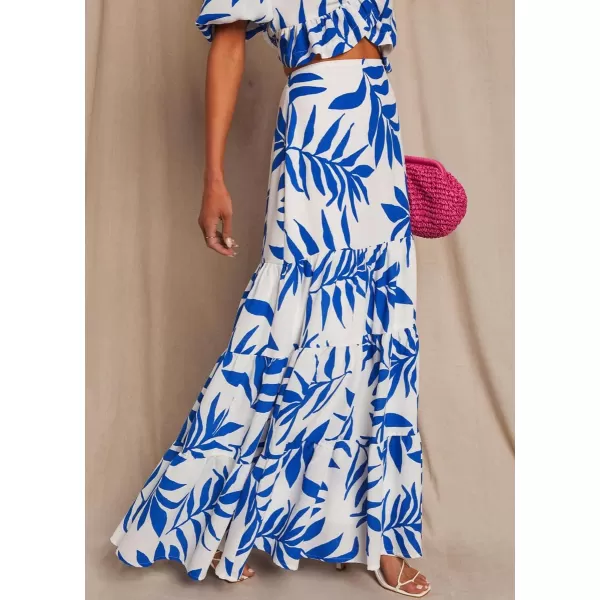 chouyatou Womens Summer Beach Coconut Palm Print 2 Piece Outfits Cropped Tops and High Waist Flared Skirt SetsBlue