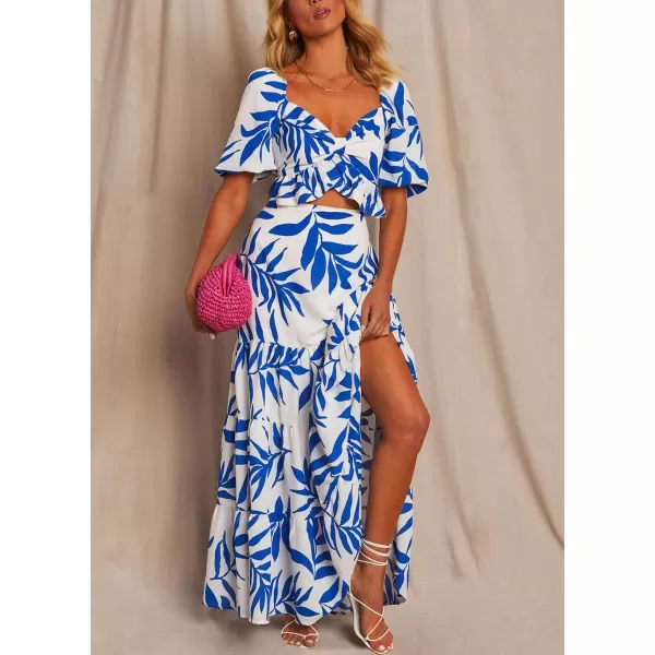 chouyatou Womens Summer Beach Coconut Palm Print 2 Piece Outfits Cropped Tops and High Waist Flared Skirt SetsBlue
