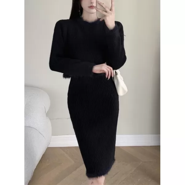 chouyatou Womens Two Piece Knit Sets Crewneck Sweater Pullover Tank Bodycon Dress 2 Piece OutfitsBlack