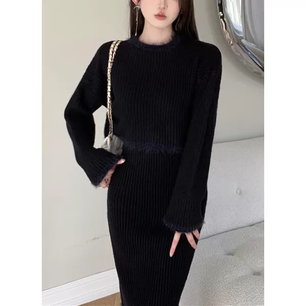 chouyatou Womens Two Piece Knit Sets Crewneck Sweater Pullover Tank Bodycon Dress 2 Piece OutfitsBlack