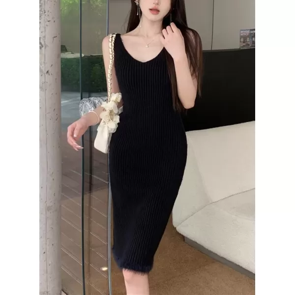 chouyatou Womens Two Piece Knit Sets Crewneck Sweater Pullover Tank Bodycon Dress 2 Piece OutfitsBlack
