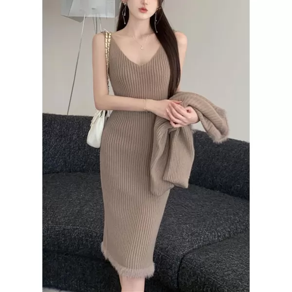 chouyatou Womens Two Piece Knit Sets Crewneck Sweater Pullover Tank Bodycon Dress 2 Piece OutfitsKhaki