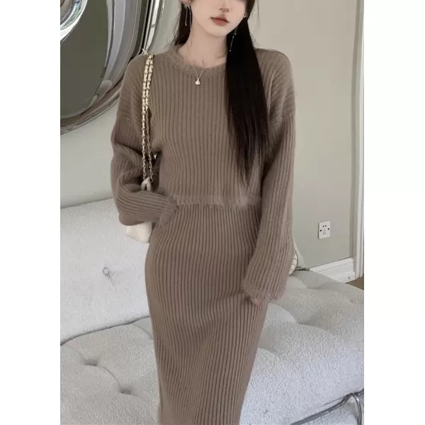 chouyatou Womens Two Piece Knit Sets Crewneck Sweater Pullover Tank Bodycon Dress 2 Piece OutfitsKhaki