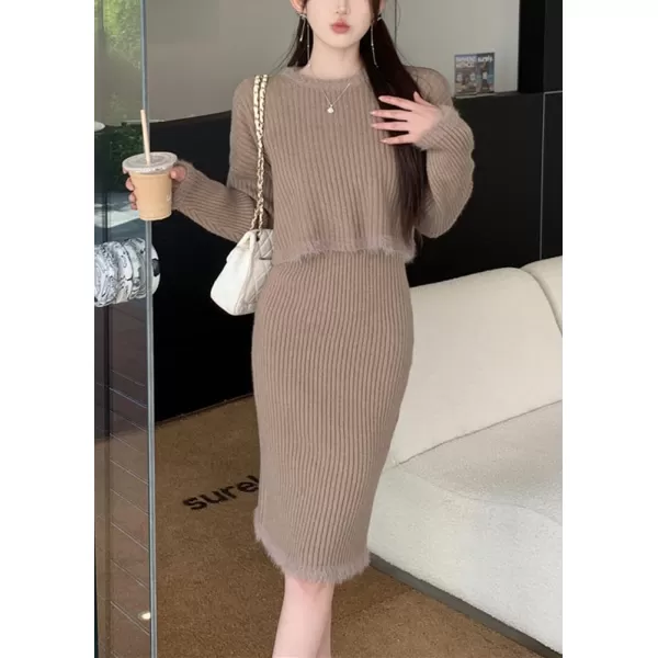 chouyatou Womens Two Piece Knit Sets Crewneck Sweater Pullover Tank Bodycon Dress 2 Piece OutfitsKhaki