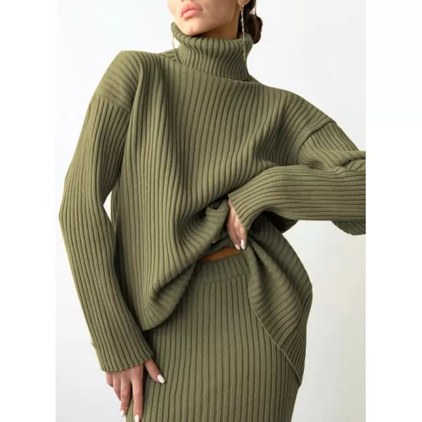 chouyatou Womens Two Piece Sweater Skirt Sets Ribbed Knit Turtleneck Sweater Bodycon Skirt 2 Piece OutfitsGreen